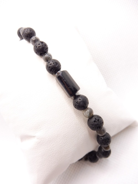 Bransoletka Męska z Lawą Wulkaniczną, Czarnym Turmalinem i Labladorytem